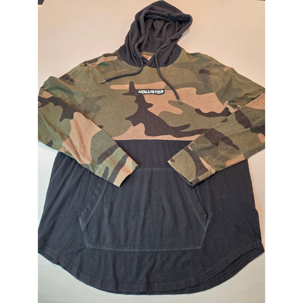 Hollister Mens XL Camo Colorblock Hoodie Long Sleeve‎ T-Shirt Black Green Cotton